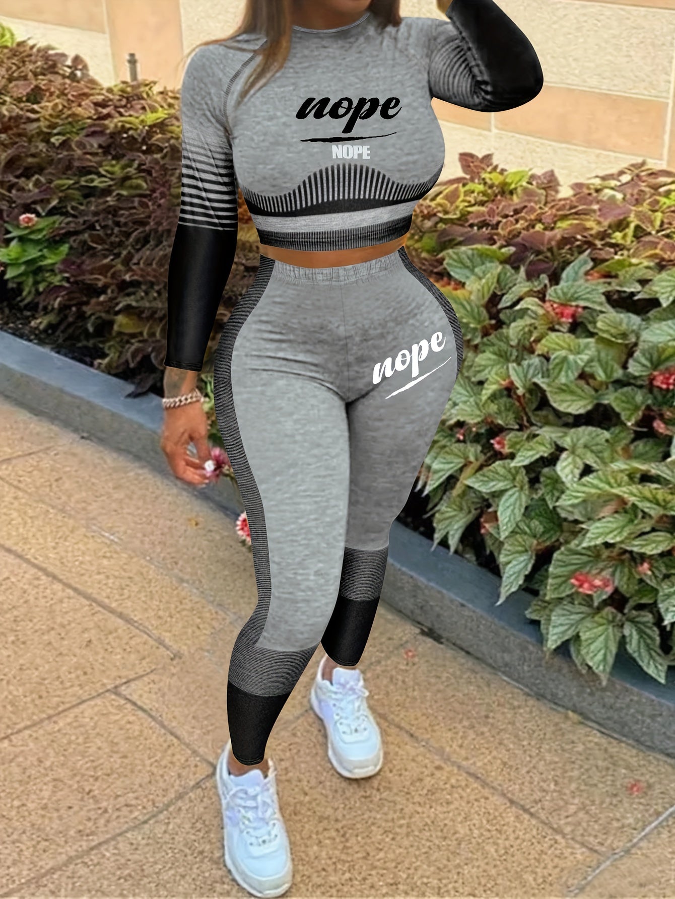 Vibrant Color Block Two-Piece Set - Crew Neck Long Sleeve Crop Top & Slim Fit Pants Outfit - Comfortable, Relaxed Fit, Casual Women's Clothing for Everyday Wear